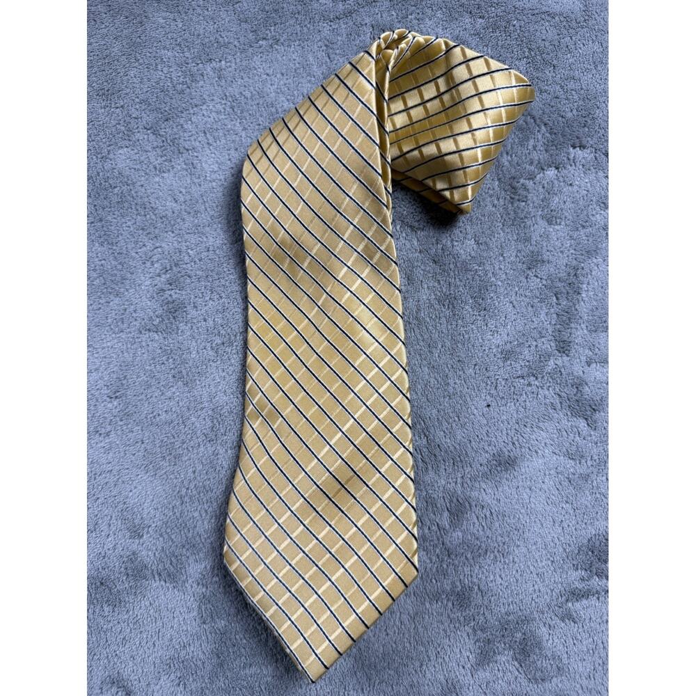 Stafford Essentials Mens Gold Navy Blue Striped Grid‎ Pattern Classic Necktie